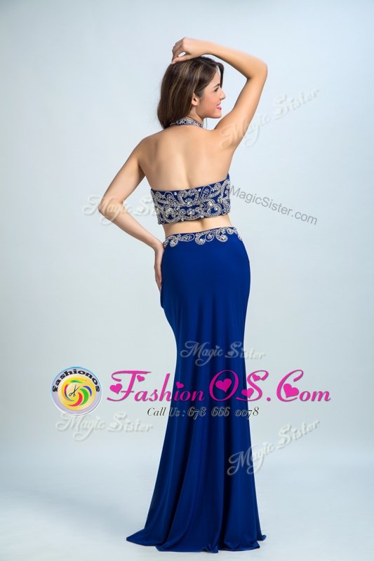 Cheap Halter Top Floor Length Backless Prom Dress Royal Blue and In for Prom and Party with Beading