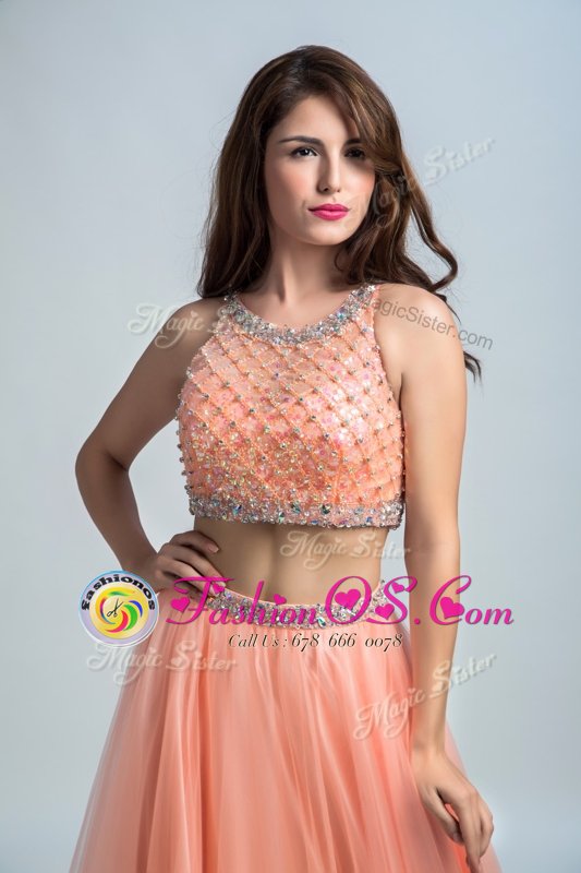 Sumptuous Peach Side Zipper Scoop Beading and Belt Dress for Prom Chiffon Sleeveless