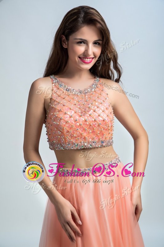 Sumptuous Peach Side Zipper Scoop Beading and Belt Dress for Prom Chiffon Sleeveless