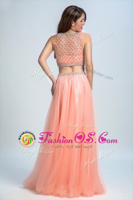 Sumptuous Peach Side Zipper Scoop Beading and Belt Dress for Prom Chiffon Sleeveless