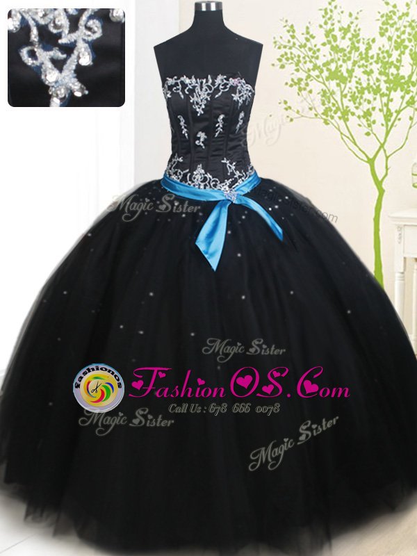 Fancy Black Ball Gowns Beading and Belt Quinceanera Gown Lace Up Tulle Sleeveless Floor Length