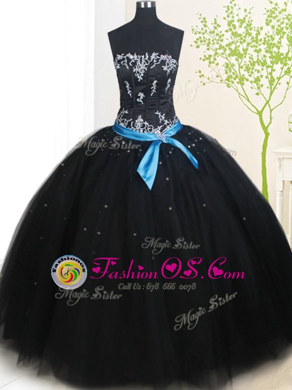 Fancy Black Ball Gowns Beading and Belt Quinceanera Gown Lace Up Tulle Sleeveless Floor Length