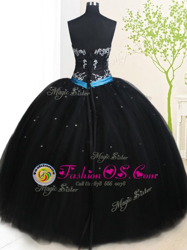 Fancy Black Ball Gowns Beading and Belt Quinceanera Gown Lace Up Tulle Sleeveless Floor Length