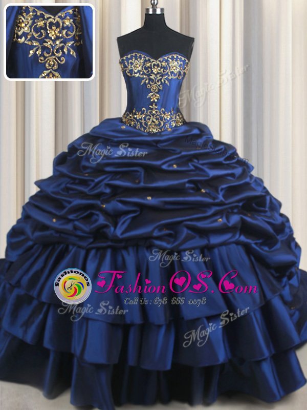 Best Navy Blue Ball Gowns Sweetheart Sleeveless Taffeta With Train Court Train Lace Up Embroidery and Pick Ups Quinceanera Gown