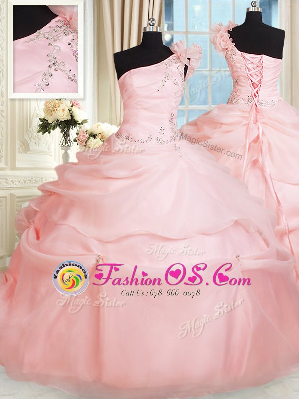 Latest Ball Gowns Quinceanera Dress Pink One Shoulder Organza Sleeveless Floor Length Lace Up