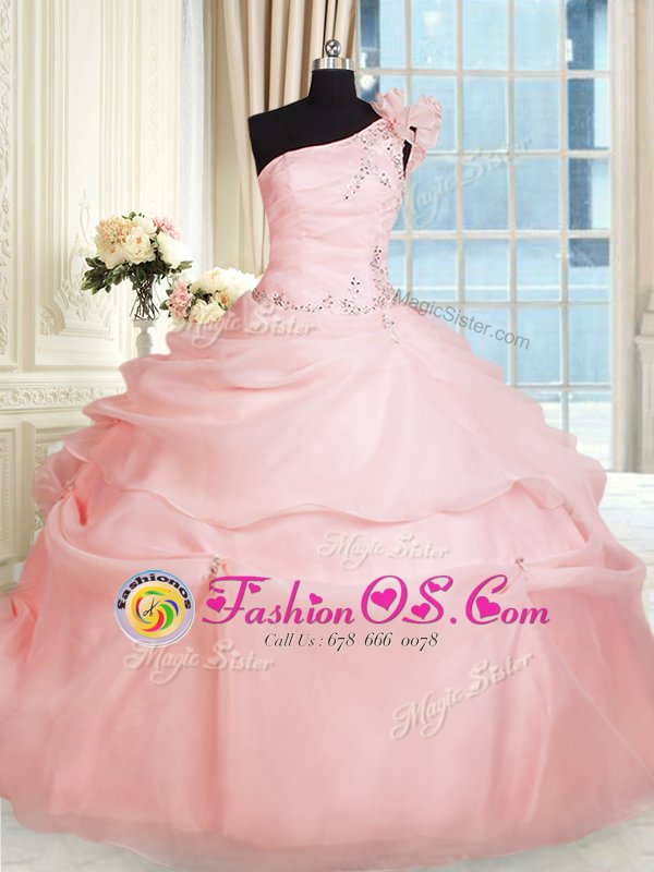 Latest Ball Gowns Quinceanera Dress Pink One Shoulder Organza Sleeveless Floor Length Lace Up