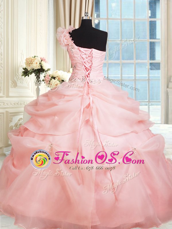 Latest Ball Gowns Quinceanera Dress Pink One Shoulder Organza Sleeveless Floor Length Lace Up