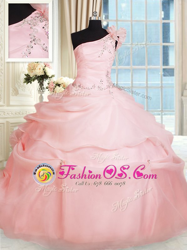Latest Ball Gowns Quinceanera Dress Pink One Shoulder Organza Sleeveless Floor Length Lace Up