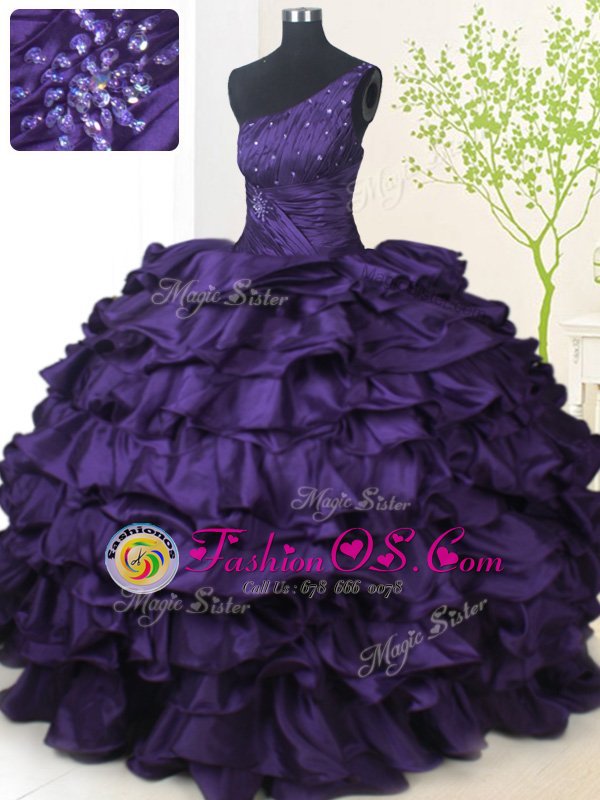 Great One Shoulder Sleeveless Lace Up Floor Length Beading and Pick Ups Sweet 16 Quinceanera Dress