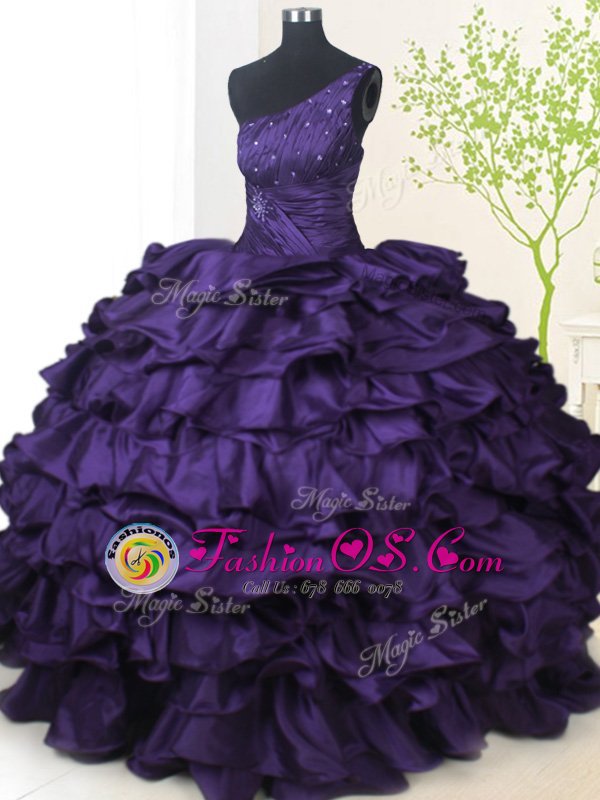 Great One Shoulder Sleeveless Lace Up Floor Length Beading and Pick Ups Sweet 16 Quinceanera Dress