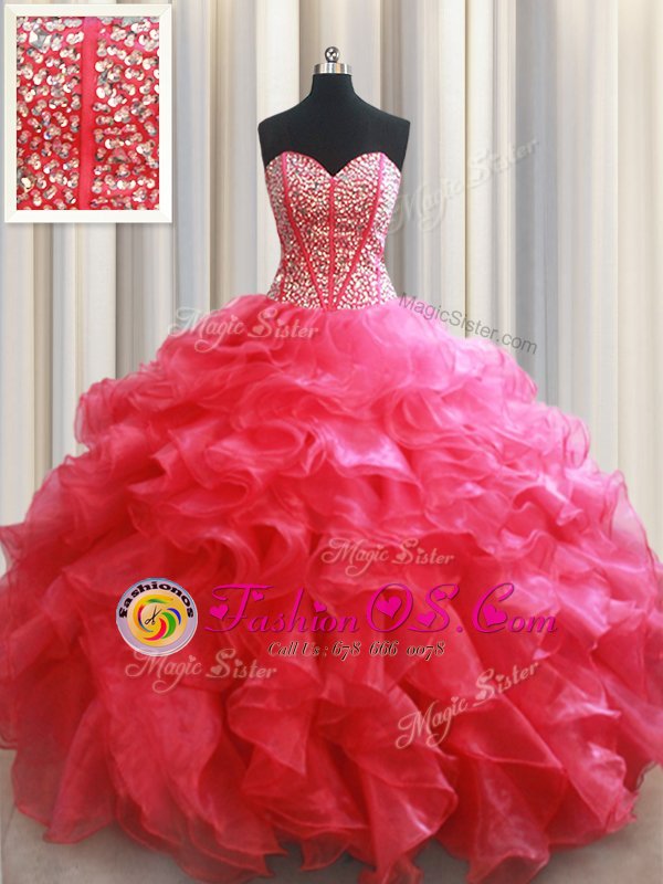 Glittering Sleeveless Beading and Ruffles Lace Up Quince Ball Gowns