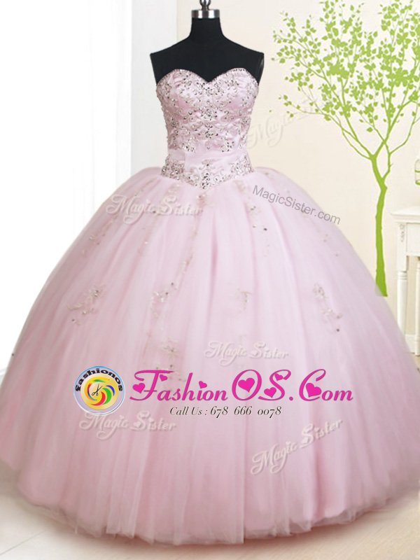 High Class Baby Pink Ball Gowns Sweetheart Sleeveless Tulle Floor Length Lace Up Beading 15th Birthday Dress
