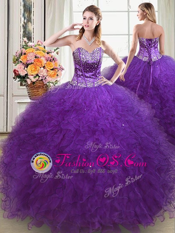 Eggplant Purple Lace Up Sweetheart Beading and Ruffles Quinceanera Gown Tulle Sleeveless
