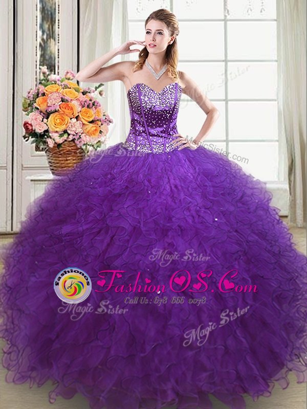 Eggplant Purple Lace Up Sweetheart Beading and Ruffles Quinceanera Gown Tulle Sleeveless