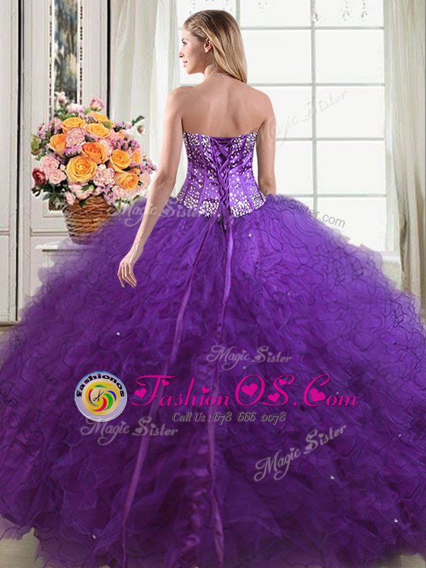 Eggplant Purple Lace Up Sweetheart Beading and Ruffles Quinceanera Gown Tulle Sleeveless