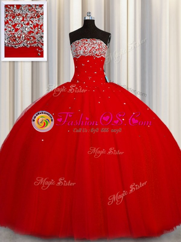 Nice Puffy Skirt Red Organza Lace Up Strapless Sleeveless Floor Length Quinceanera Dresses Beading and Sequins