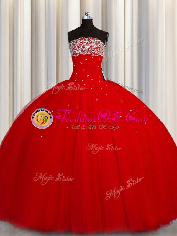 Nice Puffy Skirt Red Organza Lace Up Strapless Sleeveless Floor Length Quinceanera Dresses Beading and Sequins