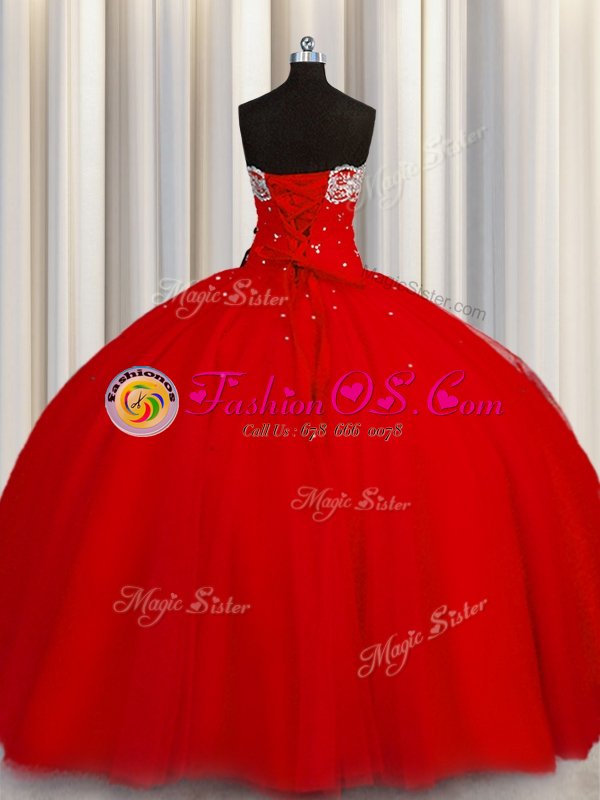 Nice Puffy Skirt Red Organza Lace Up Strapless Sleeveless Floor Length Quinceanera Dresses Beading and Sequins