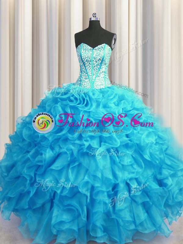 Unique Visible Boning Bling-bling Floor Length Ball Gowns Sleeveless Baby Blue Sweet 16 Dresses Lace Up