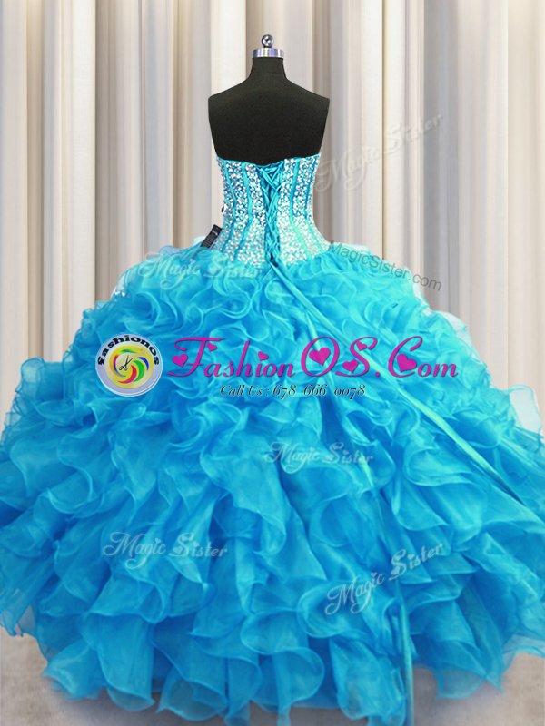 Unique Visible Boning Bling-bling Floor Length Ball Gowns Sleeveless Baby Blue Sweet 16 Dresses Lace Up
