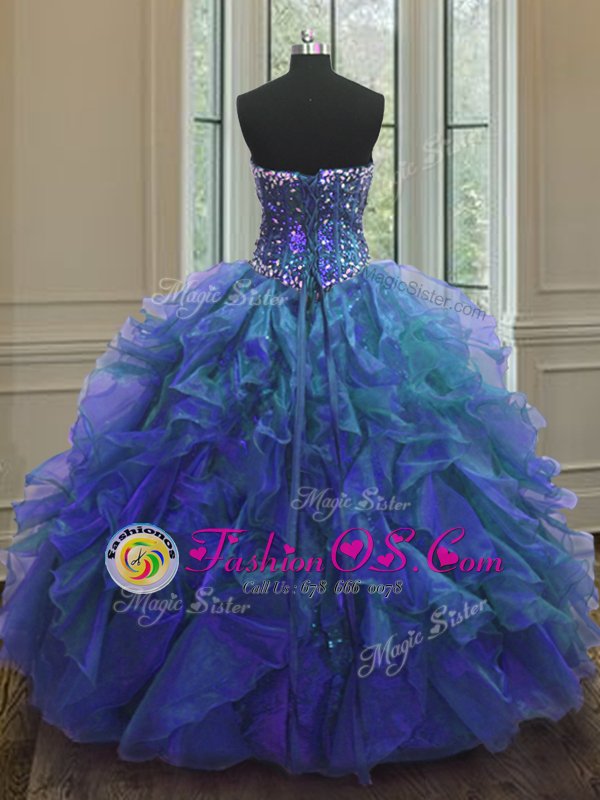 Fashion Ball Gowns Quinceanera Dresses Blue Sweetheart Organza and Sequined Sleeveless Floor Length Lace Up