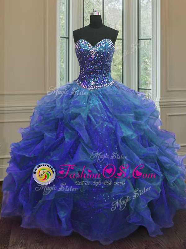 Fashion Ball Gowns Quinceanera Dresses Blue Sweetheart Organza and Sequined Sleeveless Floor Length Lace Up