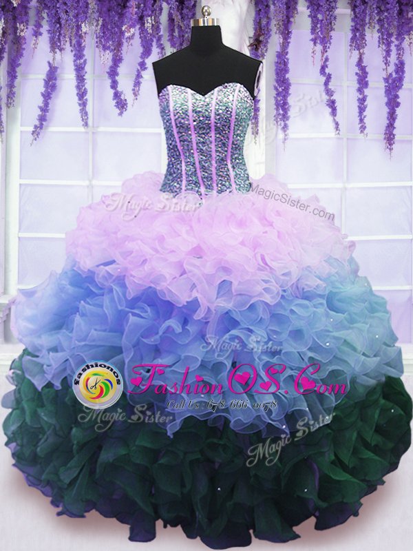 Scoop Organza and Tulle and Lace Sleeveless With Train Quince Ball Gowns Brush Train and Beading and Lace and Ruffles