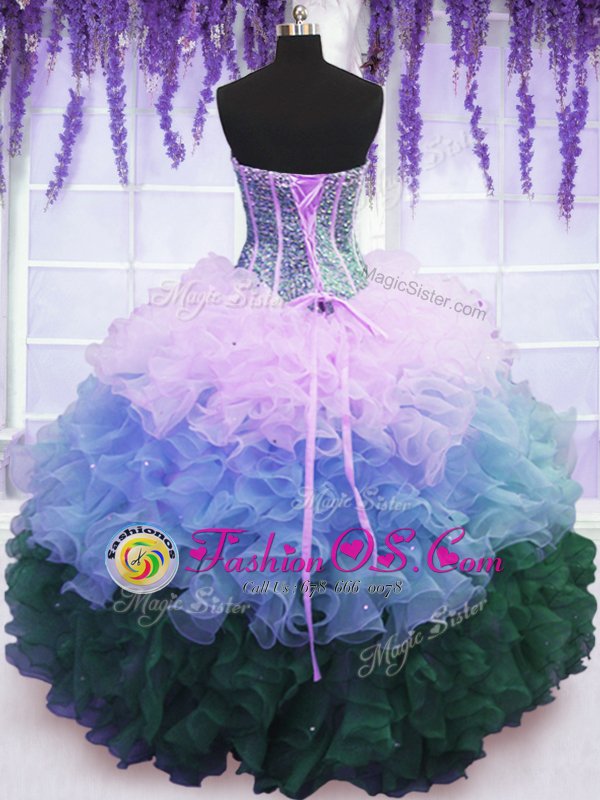 Scoop Organza and Tulle and Lace Sleeveless With Train Quince Ball Gowns Brush Train and Beading and Lace and Ruffles