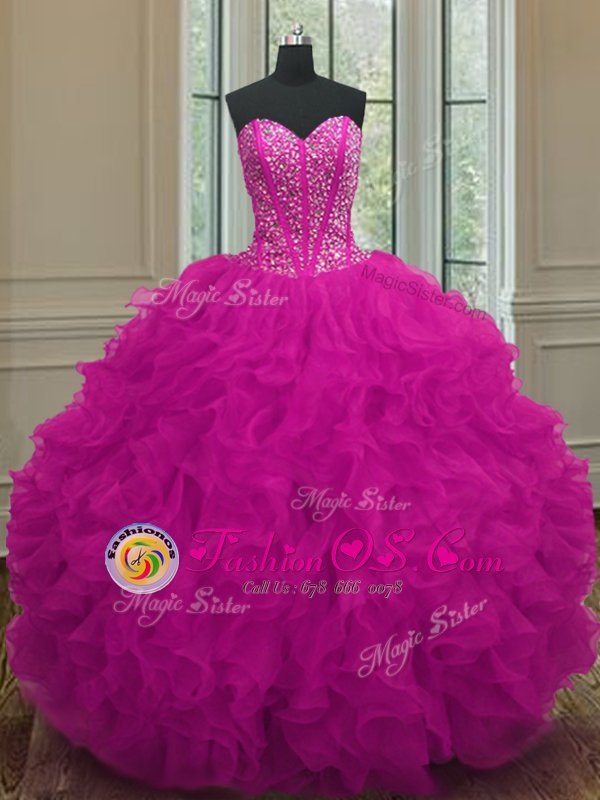 Fuchsia 15 Quinceanera Dress Military Ball and Sweet 16 and Quinceanera and For with Beading and Ruffles Sweetheart Sleeveless Lace Up