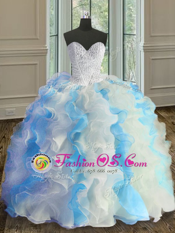 Charming Floor Length Blue And White Quinceanera Gowns Sweetheart Sleeveless Lace Up