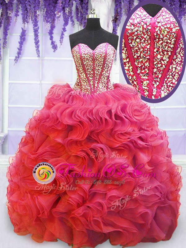 Fitting Coral Red Sweetheart Neckline Beading and Ruffles Quinceanera Gowns Sleeveless Lace Up