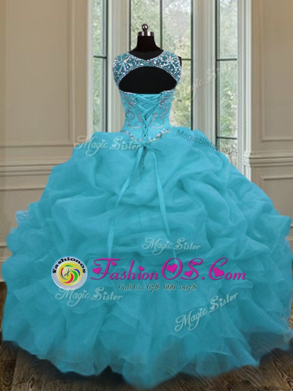 Adorable Organza Scoop Sleeveless Lace Up Beading and Pick Ups Sweet 16 Dress in Baby Blue