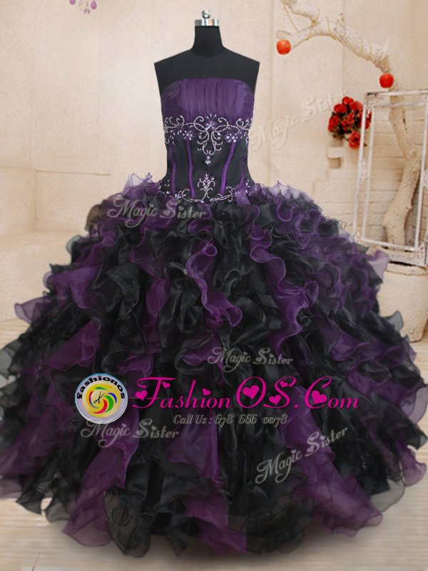 Super Black And Purple Lace Up Vestidos de Quinceanera Beading and Ruffles Sleeveless Floor Length