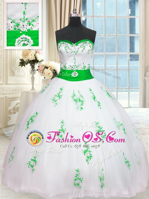 Glorious Tulle Sleeveless Floor Length Sweet 16 Quinceanera Dress and Appliques and Belt
