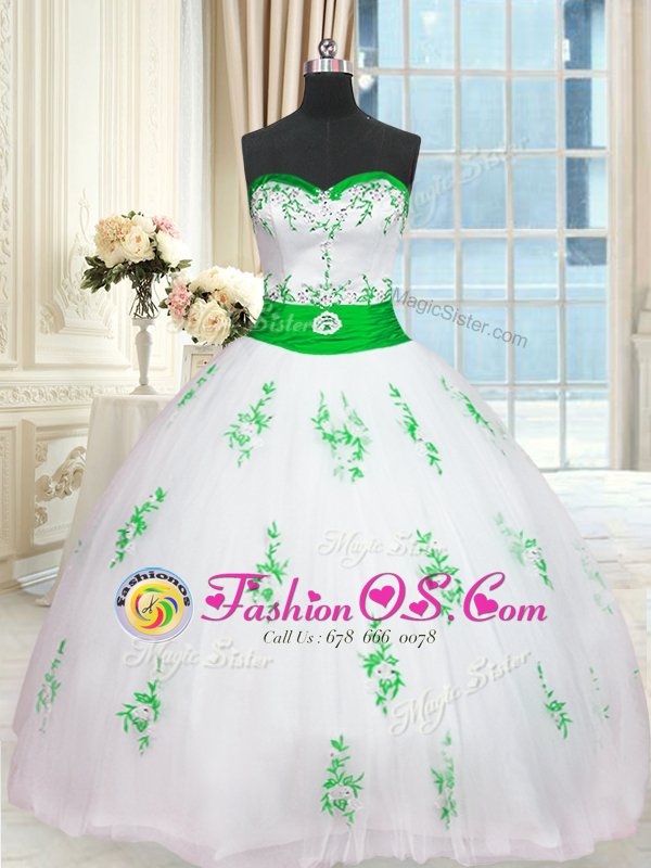 Glorious Tulle Sleeveless Floor Length Sweet 16 Quinceanera Dress and Appliques and Belt