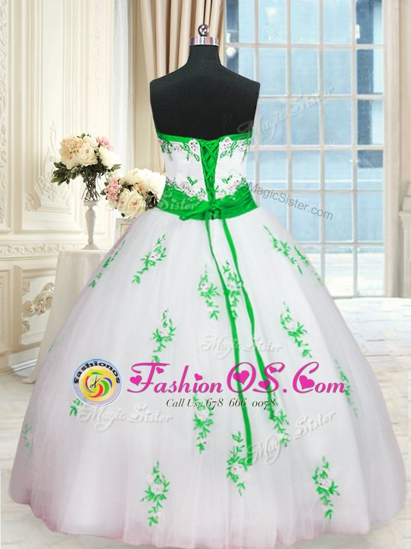 Glorious Tulle Sleeveless Floor Length Sweet 16 Quinceanera Dress and Appliques and Belt