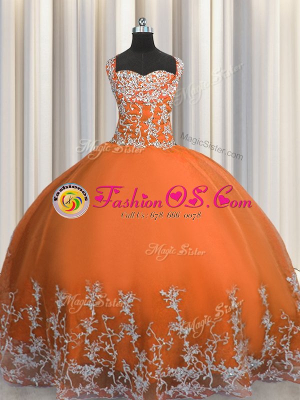 Orange Red Vestidos de Quinceanera Military Ball and Sweet 16 and Quinceanera and For with Beading and Appliques Straps Sleeveless Lace Up