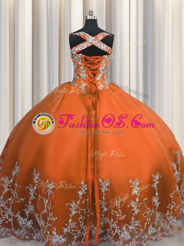 Orange Red Vestidos de Quinceanera Military Ball and Sweet 16 and Quinceanera and For with Beading and Appliques Straps Sleeveless Lace Up