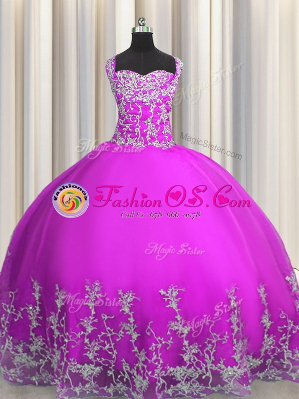 Purple Lace Up Quince Ball Gowns Beading and Appliques Sleeveless Floor Length