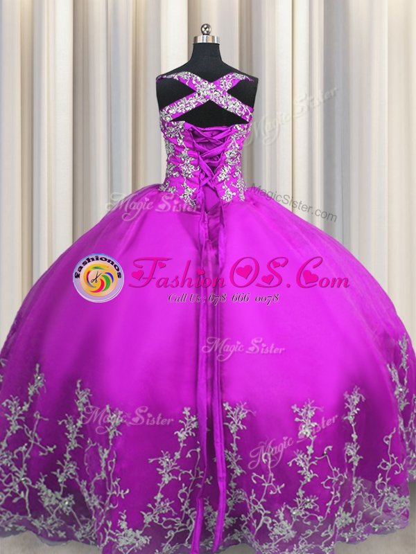 Purple Lace Up Quince Ball Gowns Beading and Appliques Sleeveless Floor Length