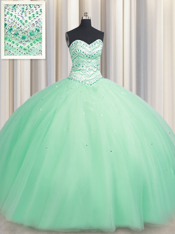 High End Apple Green Tulle Lace Up Sweetheart Sleeveless Floor Length Vestidos de Quinceanera Beading