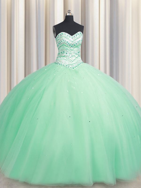 High End Apple Green Tulle Lace Up Sweetheart Sleeveless Floor Length Vestidos de Quinceanera Beading