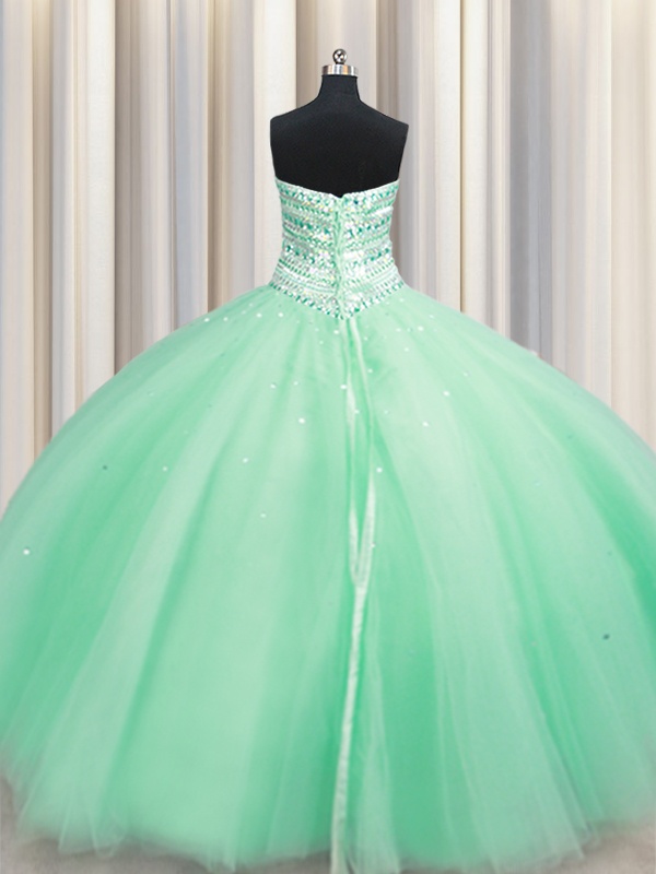 High End Apple Green Tulle Lace Up Sweetheart Sleeveless Floor Length Vestidos de Quinceanera Beading