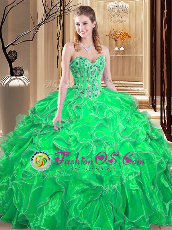 Pretty Green Sleeveless Floor Length Embroidery and Ruffles Lace Up Quinceanera Gowns