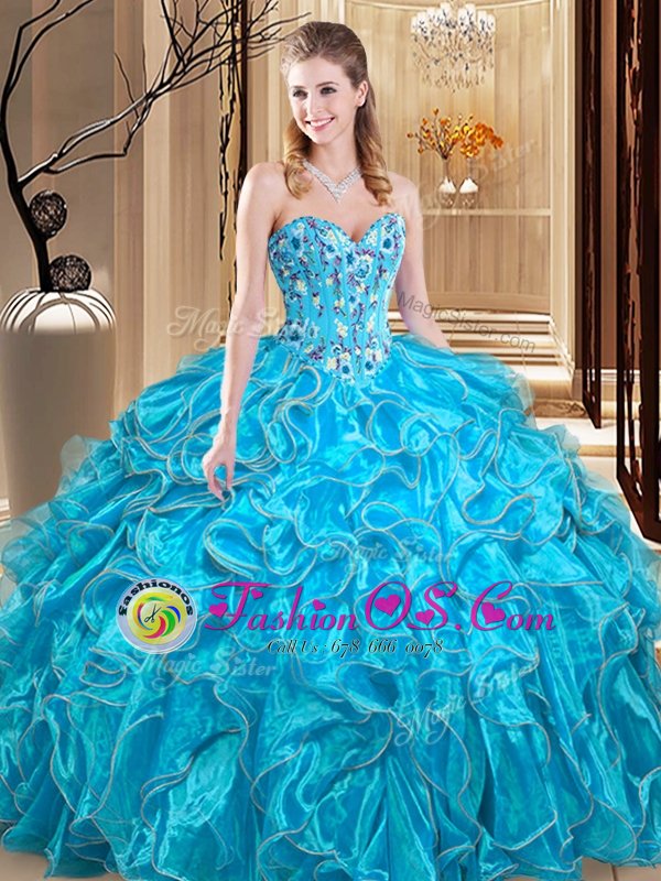 Most Popular Teal Sleeveless Organza Lace Up Ball Gown Prom Dress for Military Ball and Sweet 16 and Quinceanera