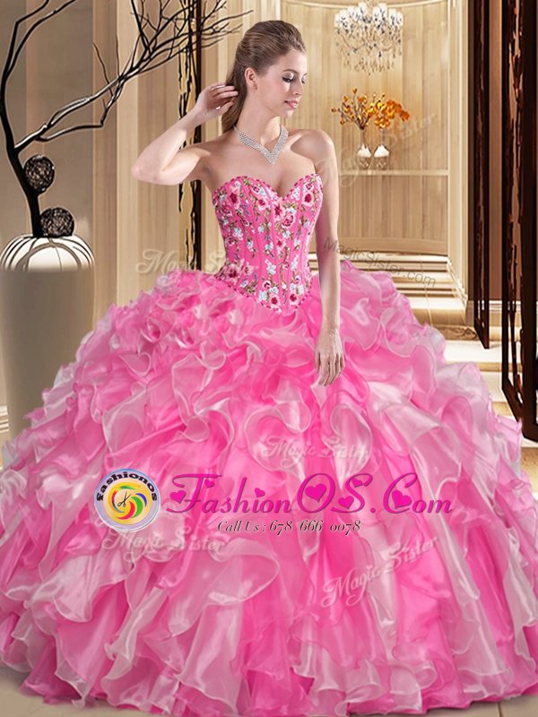 Great Organza Sweetheart Sleeveless Lace Up Embroidery and Ruffles Quinceanera Gowns in Rose Pink