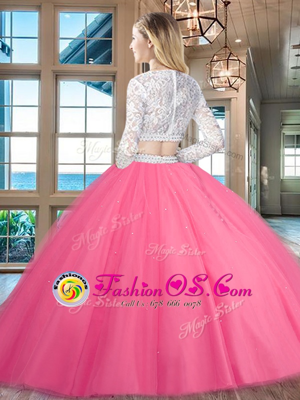 Scoop Floor Length Baby Blue Quinceanera Dresses Tulle Long Sleeves Beading and Lace