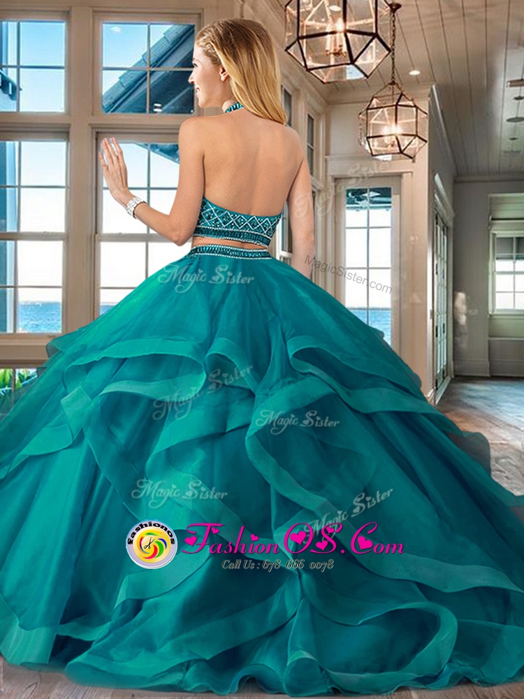 Trendy Halter Top Sleeveless Brush Train Backless Vestidos de Quinceanera Fuchsia Tulle