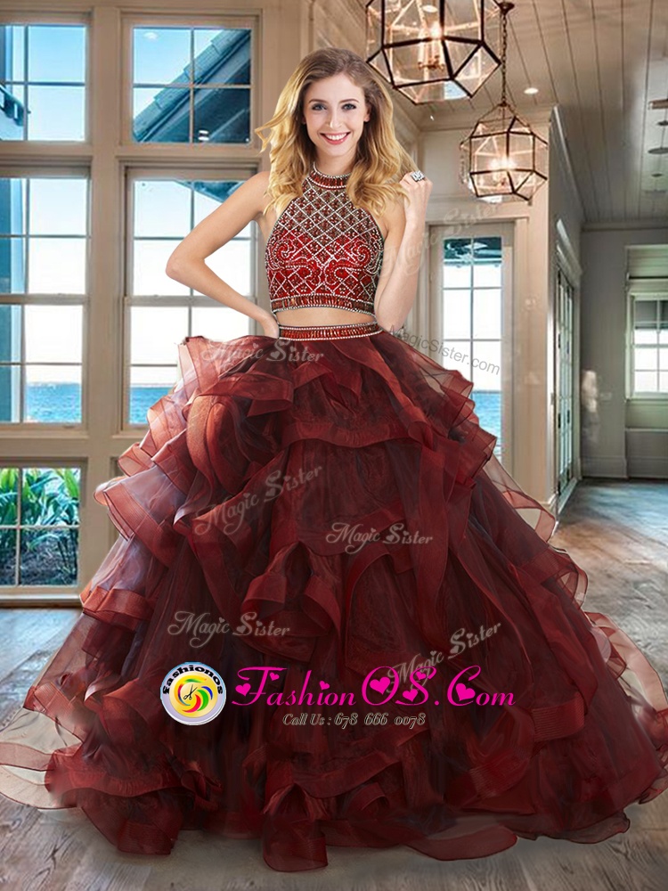 Halter Top Sleeveless Tulle Quinceanera Gown Beading and Ruffles Brush Train Backless