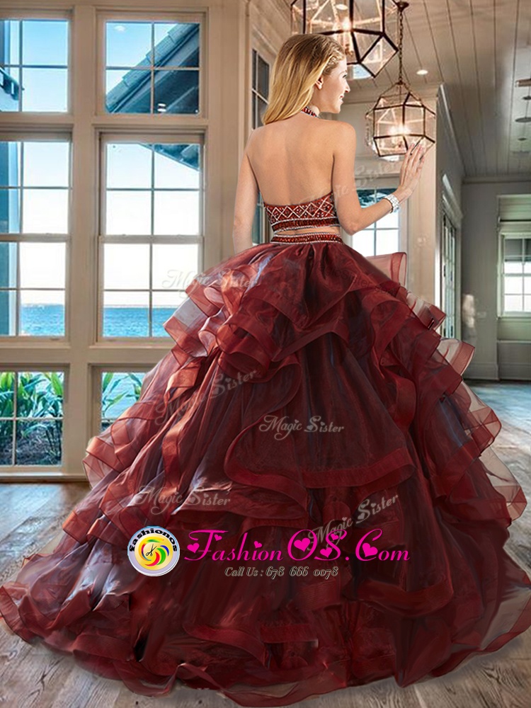 Halter Top Sleeveless Tulle Quinceanera Gown Beading and Ruffles Brush Train Backless